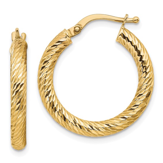10k 3x15 Diamond-cut Round Hoop Earrings