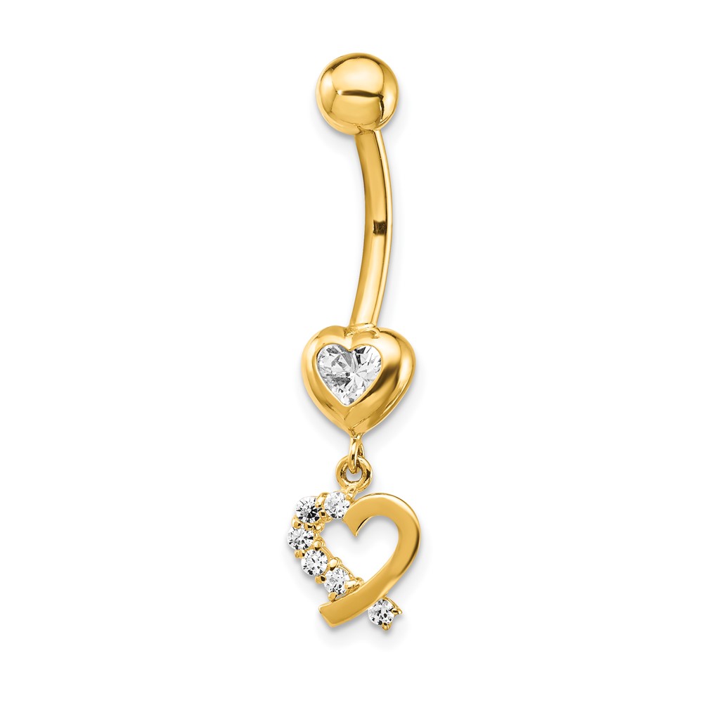 14k CZ 2-Hearts Dangle Belly Ring