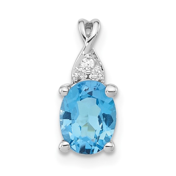 14k White Gold Polished Oval Blue Topaz and Diamond Chain Slide Pendant