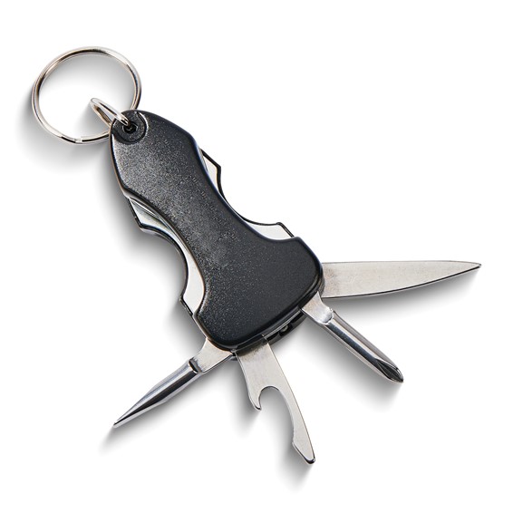 "Stainless Steel Multi-tool Key Chain with LED Light, Knife, Screwdrivers, Bottle Opener"