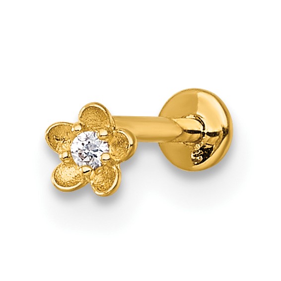 14k 18 Gauge Polished and Satin CZ Flower Labret Stud