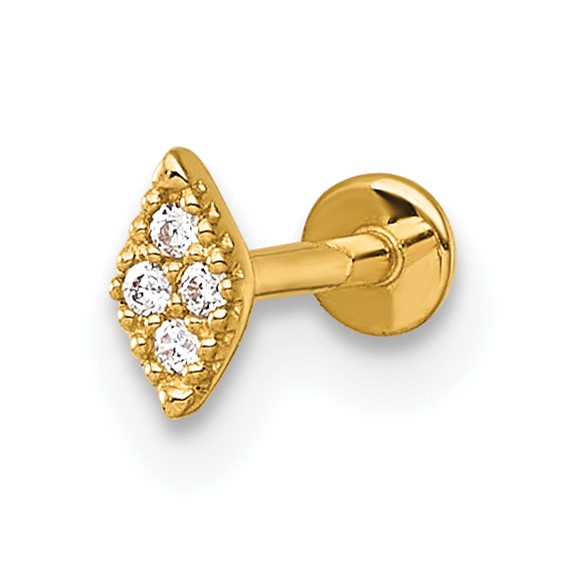 14k 18 Gauge Polished and Textured CZ Navette Labret Stud