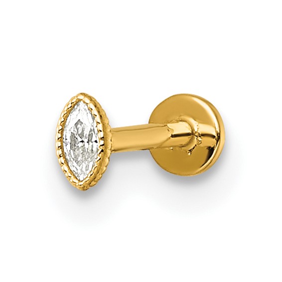 14k 18 Gauge Polished and Textured Marquise-cut CZ Labret Stud