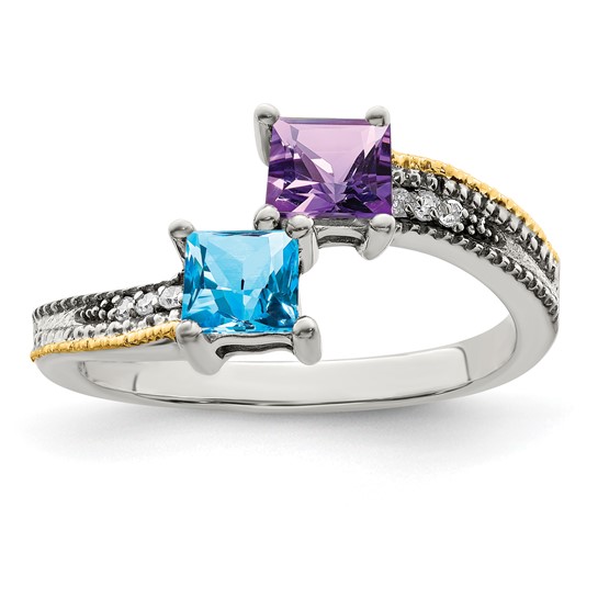 Sterling Silver Antiqued with 14k 2-stone with Diamond Mother's Ring