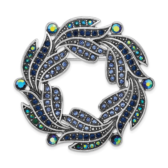 1928 Gold-tone Iridescent Aurora Borealis and Blue Glass Stone Wreath Brooch