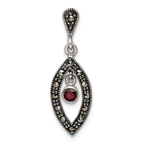 Sterling Silver Antiqued Marcasite and Red Glass Stone Pendant