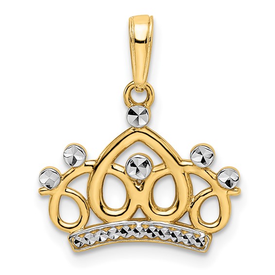 14k and White Rhodium Diamond-cut Fancy Crown Pendant
