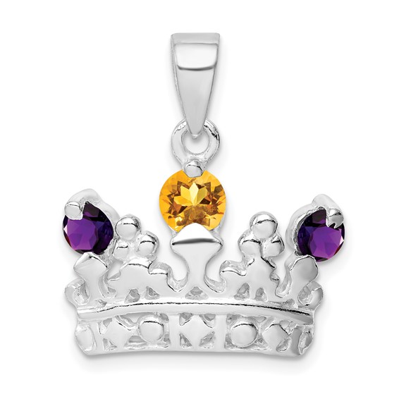 Sterling Silver Citrine and Amethyst Polished Crown Pendant