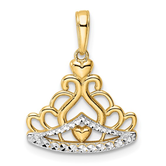 14k and White Rhodium Diamond-cut  Crown Pendant