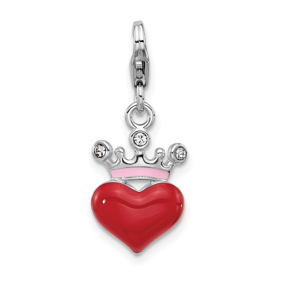 Amore La Vita Sterling Silver Rhodium-plated Red Enameled Heart Wearing Swarovski Crystal Enameled Pink Crown Charm with Fancy Lobster Clasp