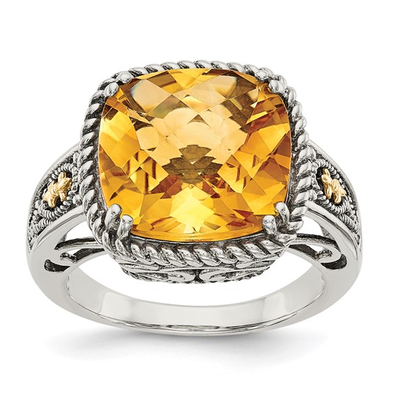Sterling Silver w/14k Accent Antiqued Cushion Gemstone Rings