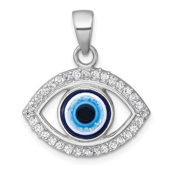 Sterling Silver Rhodium-plated Polished CZ and Glass Evil Eye Pendant