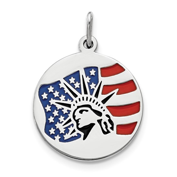 Sterling Silver Rhodium-plated Enameled Statue of Liberty with Flag Charm