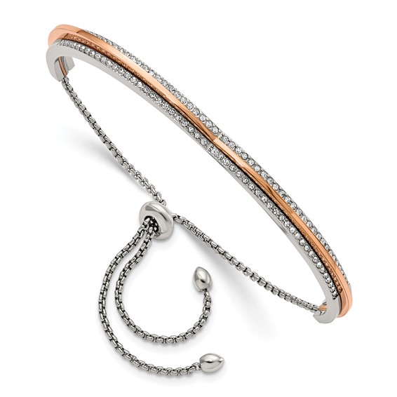 Chisel Stainless Steel Polished Rose IP-plated with Crystal from Swarovski Heart Shaped Adjustable Bangle Bracelet