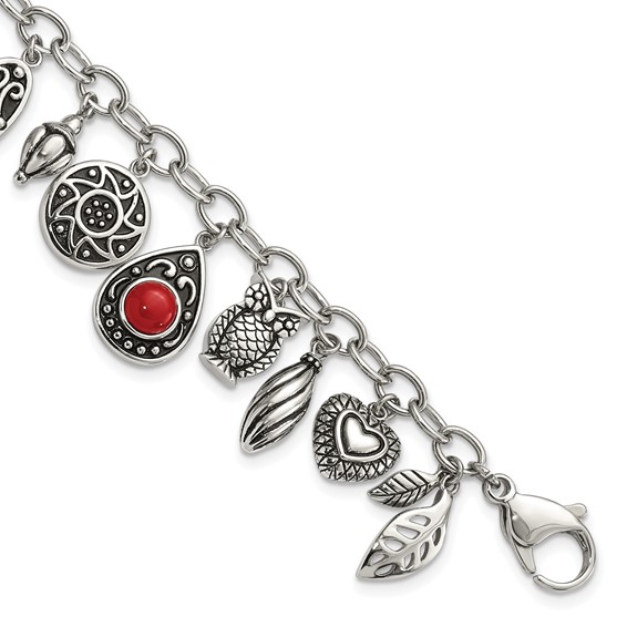 Stainless Steel Polished and Antiqued Synthetic Jade and Red Glass with 2in ext. Charm Bracelet