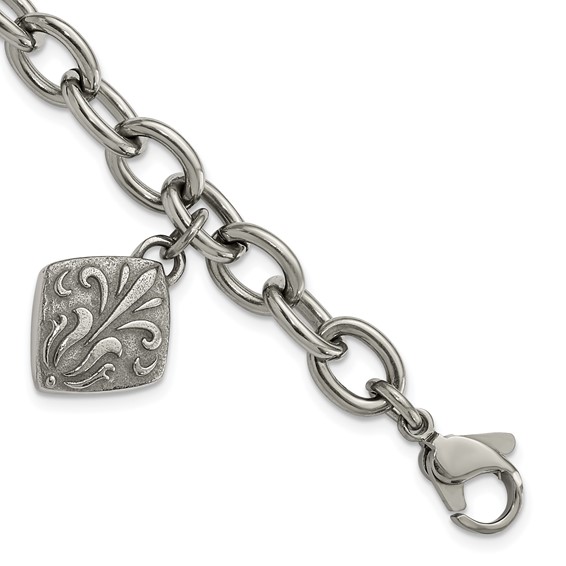 Titanium and Sterling Silver Black Ti Polished and Etched Charm Bracelet