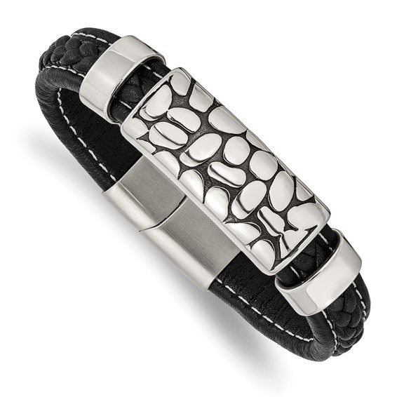 Stainless Steel Antiqued and Polished Black Faux Leather 8.5in Bracelet
