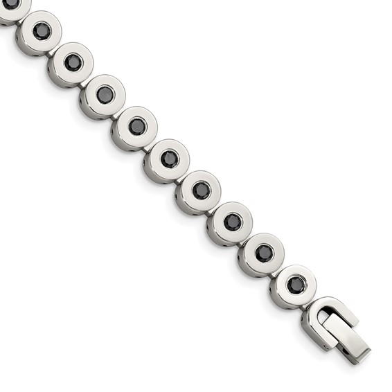 Stainless Steel Polished with Black CZ 7.5in Bracelet