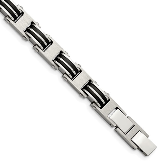 Chisel Stainless Steel Brushed and Polished with Black Rubber 7.75 inch Link Bracelet with .5 inch Extension